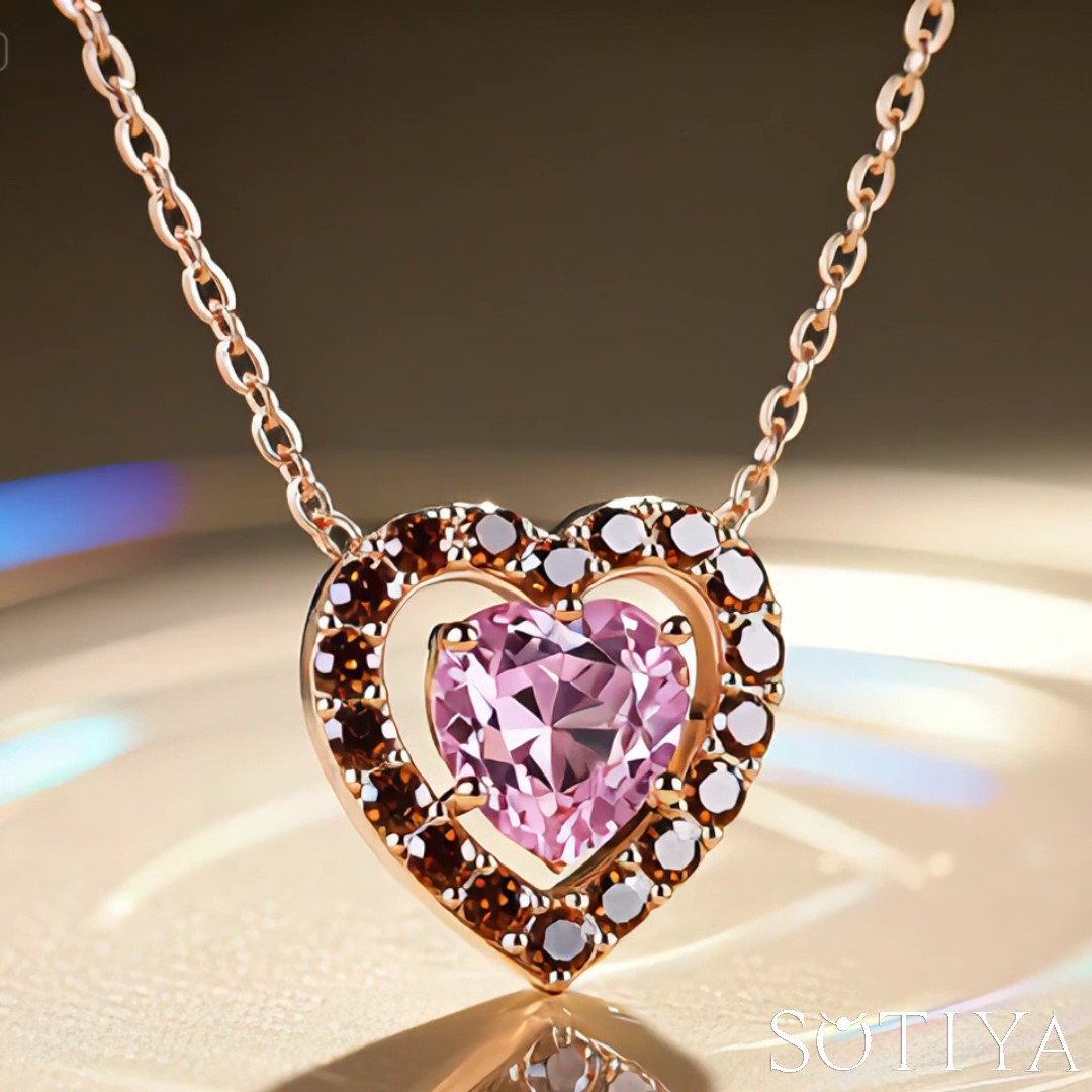 Sotiya Hollow Halo Pink Heart Cut Coffee Necklace Sterling Silver-Sotiya