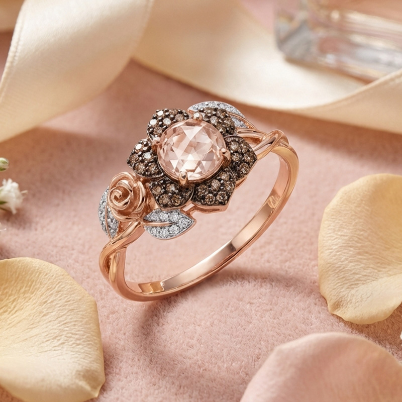 Sotiya Rose and Leaf Synthetic Morganite Flower Halo Round Cut Coffee Engagement Ring Sterling Silver-Sotiya