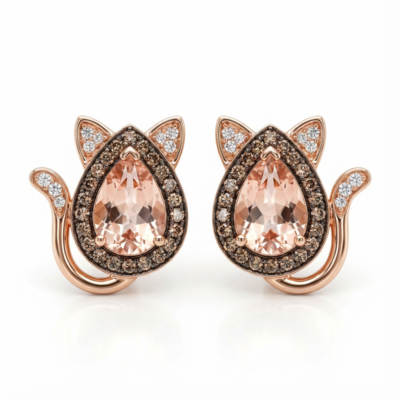Sotiya Cat Design Halo Synthetic Morganite Pear Cut Coffee Stud Earrings Sterling Silver-Sotiya