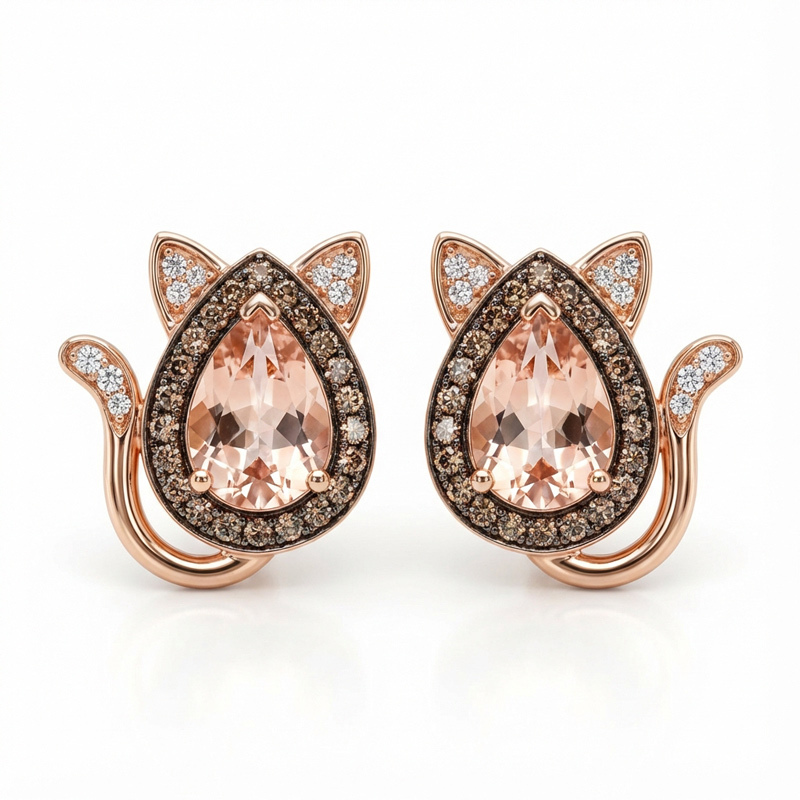 Sotiya Cat Design Halo Synthetic Morganite Pear Cut Coffee Stud Earrings Sterling Silver-Sotiya