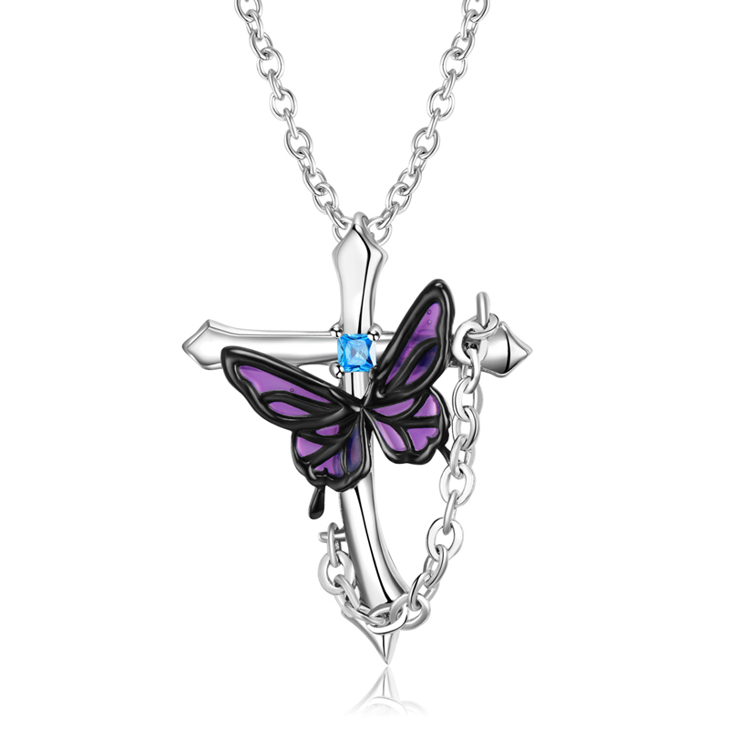 Sotiya Cross Faith Butterfly Necklace Purple Enamel Sterling Silver-Sotiya