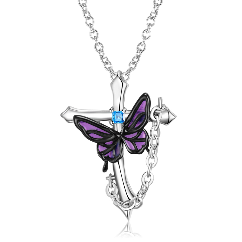 Sotiya Cross Faith Butterfly Necklace Purple Enamel Sterling Silver-Sotiya