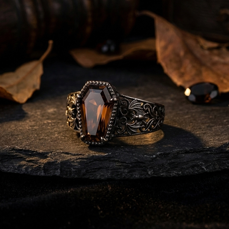 Sotiya Vintage Coffin Cut Coffee Bat Engagement Ring Sterling Silver-Sotiya