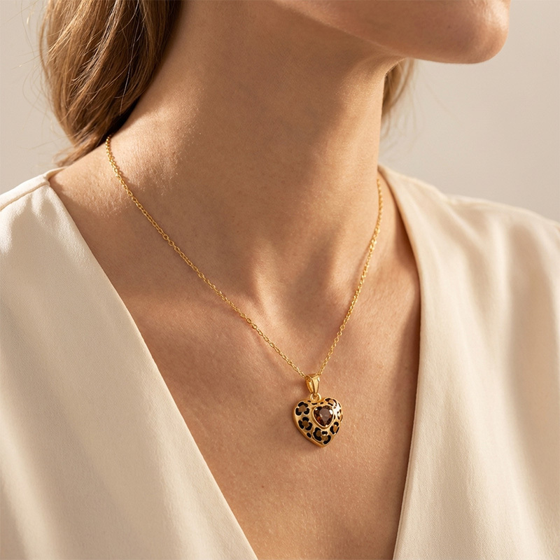 Sotiya Heart Cut Leopard Print Coffee Enamel Necklace Sterling Silver-Sotiya