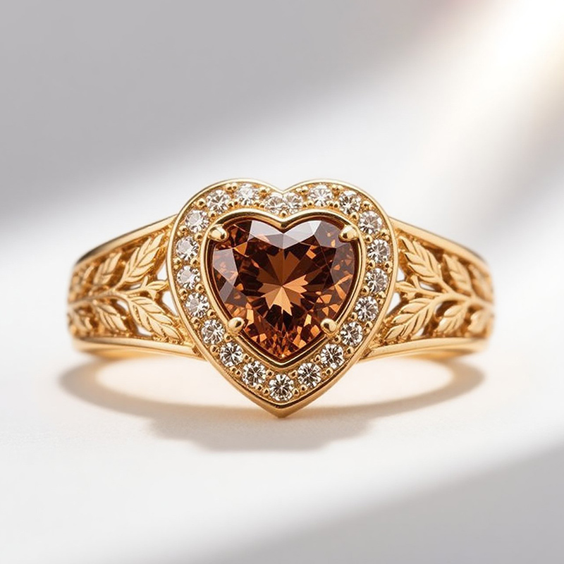 Sotiya Halo Heart Cut Vintage Leaf Coffee Engagement Ring Sterling Silver-Sotiya