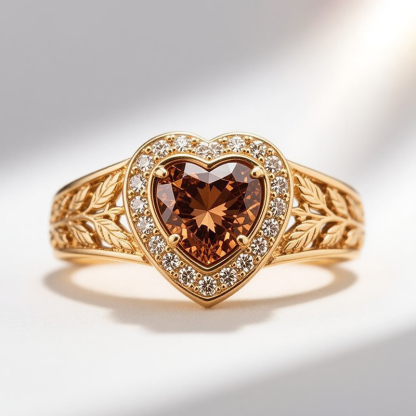 Sotiya Halo Heart Cut Vintage Leaf Coffee Engagement Ring Sterling Silver-Sotiya