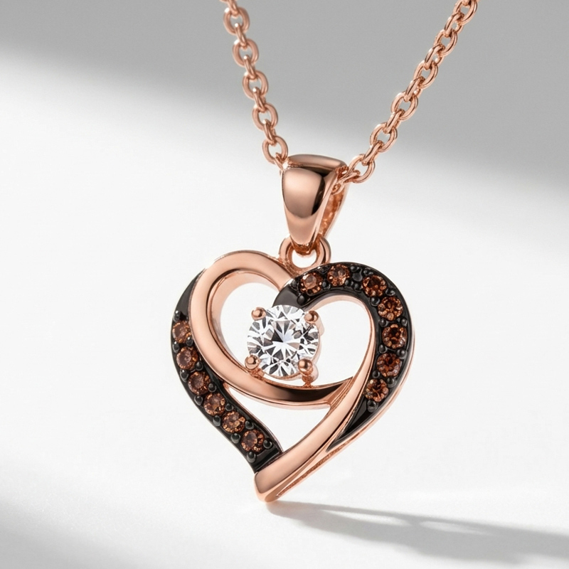Sotiya Two Tone Heart Shaped Round Cut Coffee Necklace Sterling Silver-Sotiya