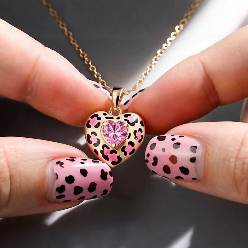 Sotiya Heart Cut Pink Leopard Print Coffee Enamel Necklace Sterling Silver-Sotiya