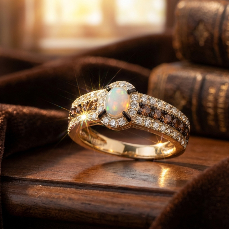 Sotiya Two Tone Halo Oval Cut Opal Coffee Engagement Ring Sterling Silver-Sotiya