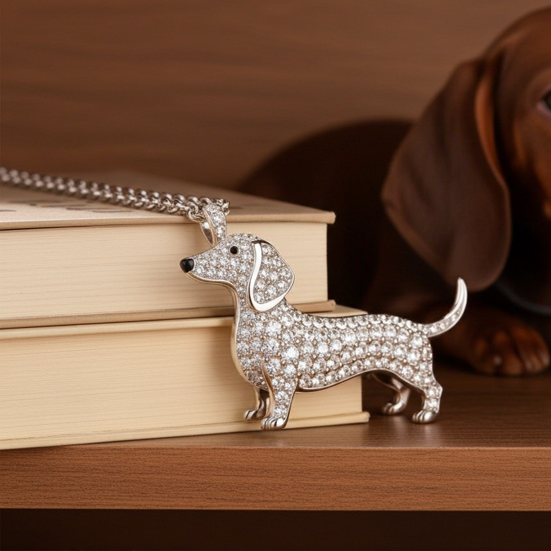 Sotiya Best Buds Dachshund Full Stone Round Cut Necklace Sterling Silver-Sotiya