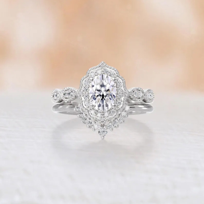 Sotiya Vintage Milgrain Halo Oval Cut Wedding Bridal Ring Set Sterling Silver-Sotiya
