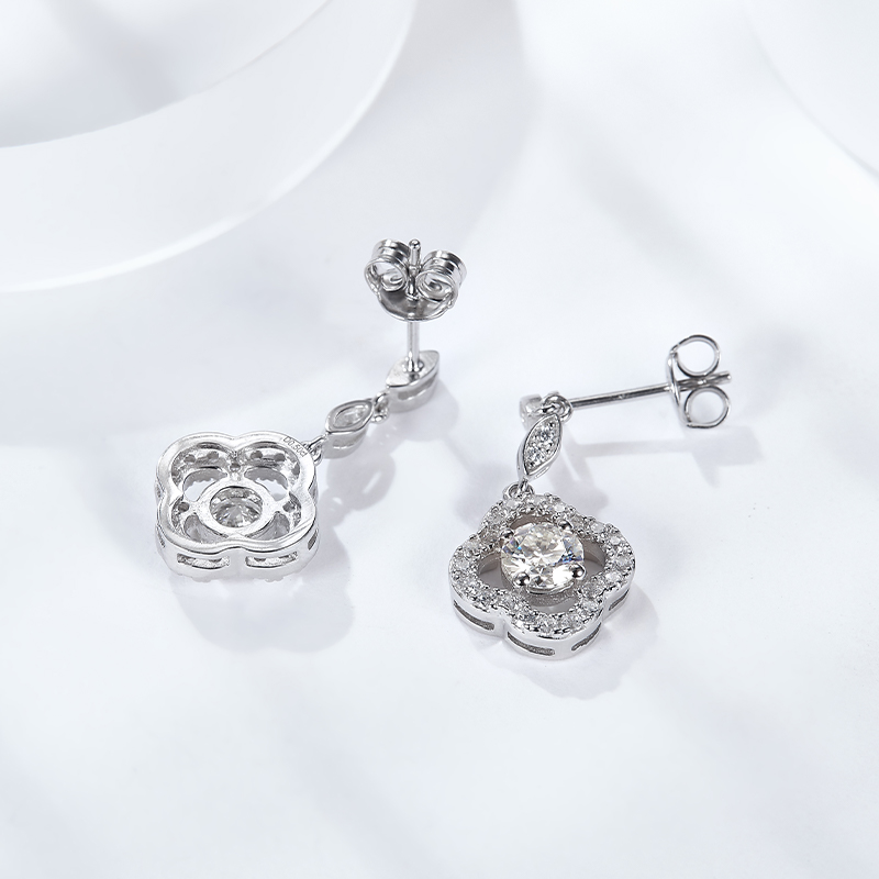 Sotiya Four Leaf Clover Round Cut Moissanite Drop Earrings Sterling Silver-Sotiya