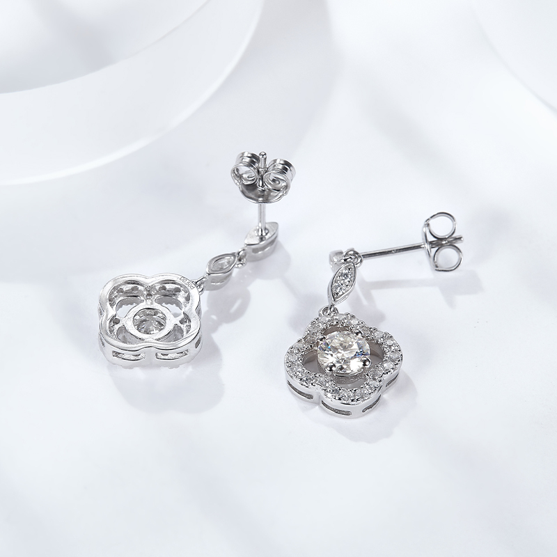 Sotiya Four Leaf Clover Round Cut Moissanite Drop Earrings Sterling Silver-Sotiya