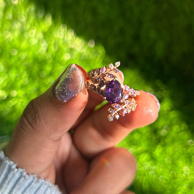 Sotiya Amethyst Pear Cut Leaf Inspired Engagement Ring Sterling Silver-Sotiya