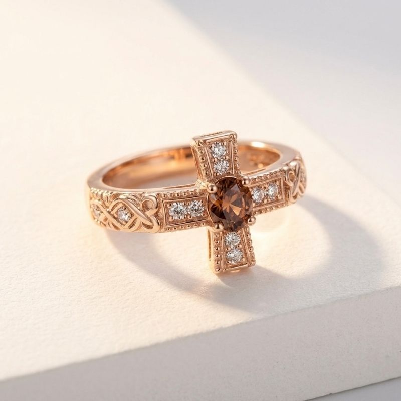 Sotiya Heart Faith Cross Coffee Oval Cut Cocktail Ring Sterling Silver-Sotiya