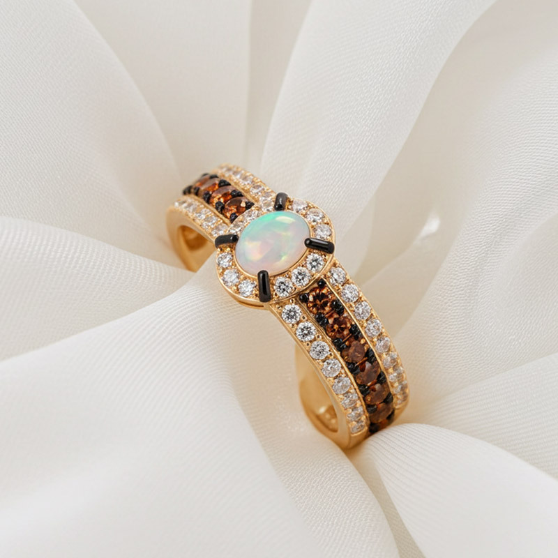 Sotiya Two Tone Halo Oval Cut Opal Coffee Engagement Ring Sterling Silver-Sotiya