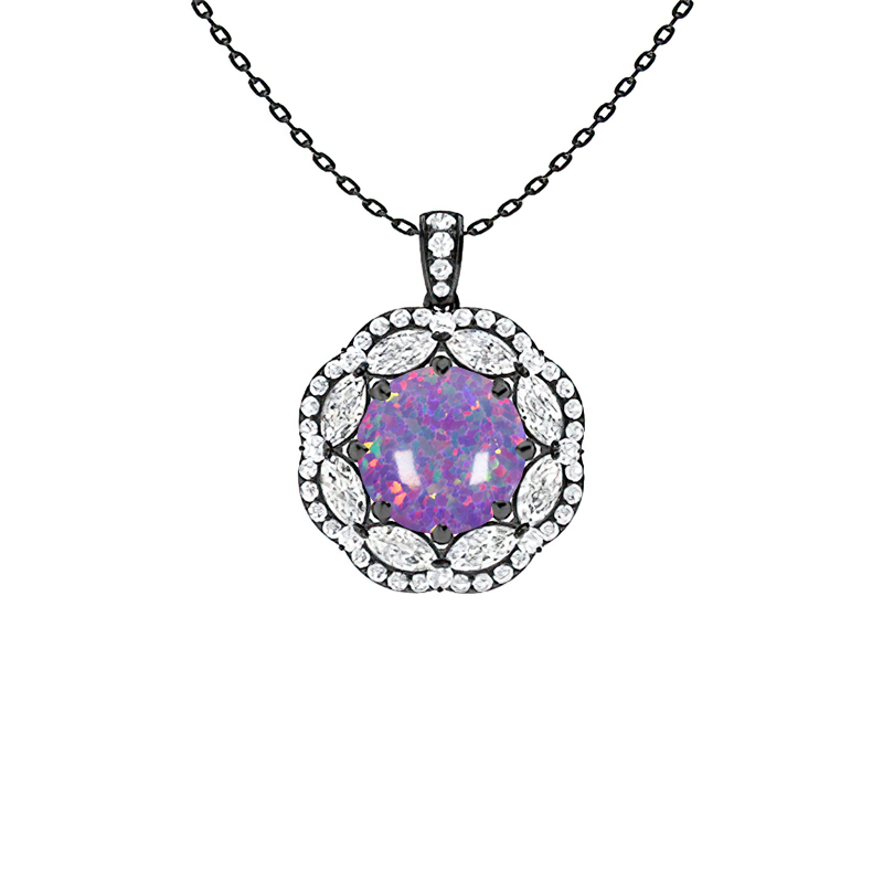 Sotiya Opal Round Cut Gorgeous Kaleidoscope Design Double Halo Necklace Sterling Silver-Sotiya