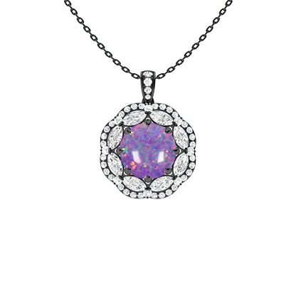 Sotiya Opal Round Cut Gorgeous Kaleidoscope Design Double Halo Necklace Sterling Silver-Sotiya