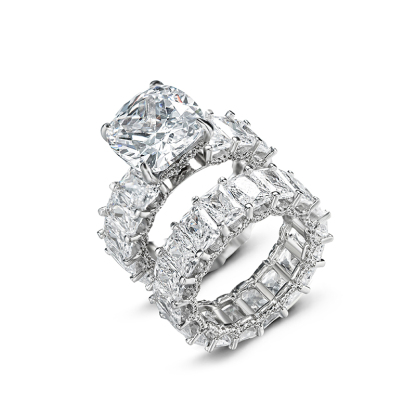 Sotiya Cushion Cut Three Sided Pave Wedding Bridal Ring Set Sterling Silver-Sotiya