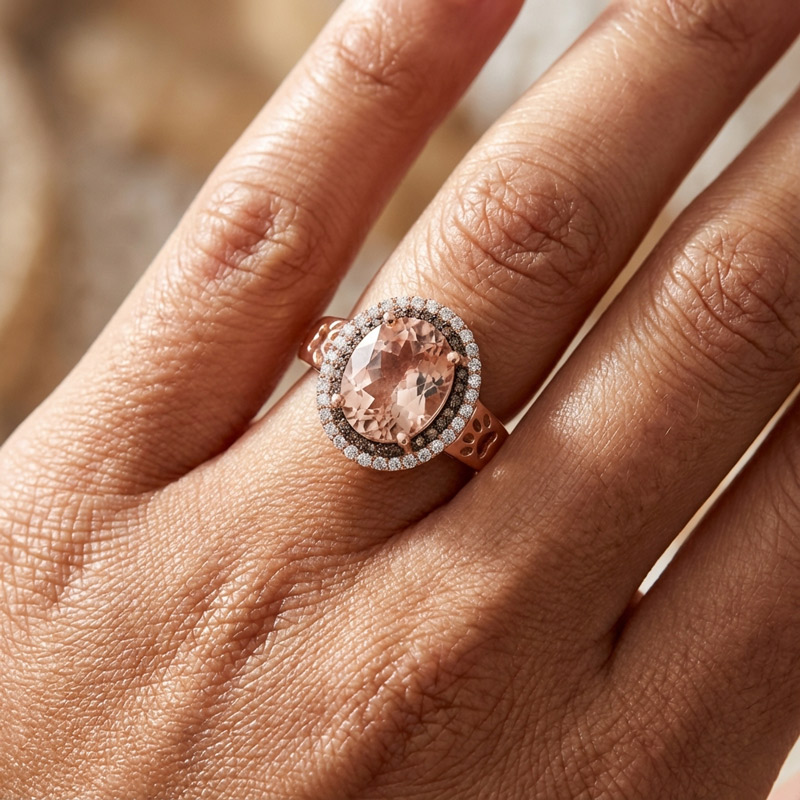 Sotiya Cat Paw Double Halo Synthetic Morganite Oval Cut Coffee Engagement Ring Sterling Silver-Sotiya