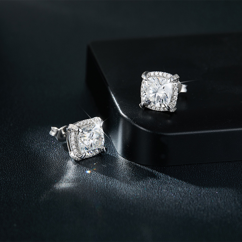 Sotiya Halo Cushion Cut Moissanite Stud Earrings Sterling Silver-Sotiya