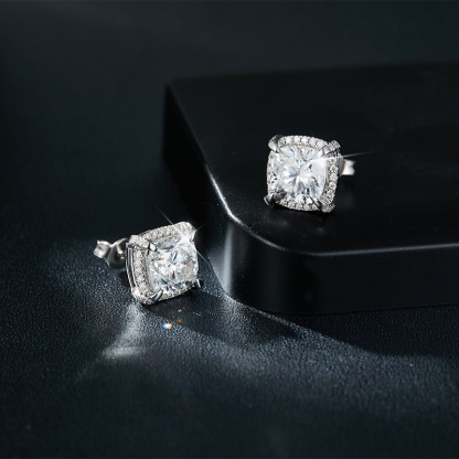 Sotiya Halo Cushion Cut Moissanite Stud Earrings Sterling Silver-Sotiya