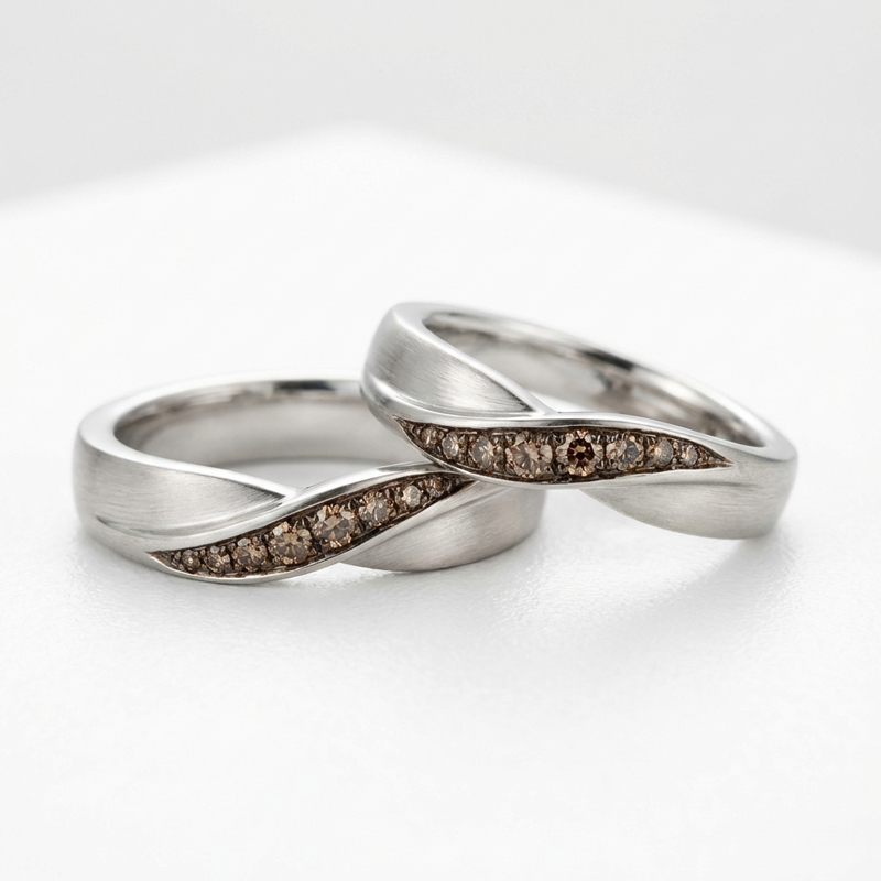 Sotiya Wave-shaped Round Cut Coffee Couple Rings Sterling Silver-Sotiya