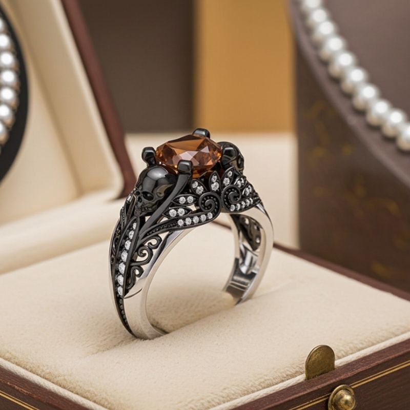 Sotiya Gothic Skull Heart Cut Coffee Engagement Ring Sterling Silver-Sotiya