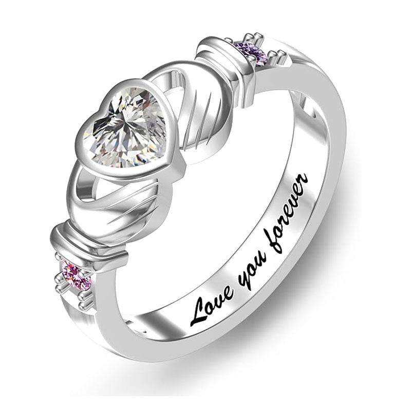 Sotiya Heart Cut Claddagh Ring Custom 12 Birthstone Engraved Name Promise Ring Sterling Silver-Sotiya