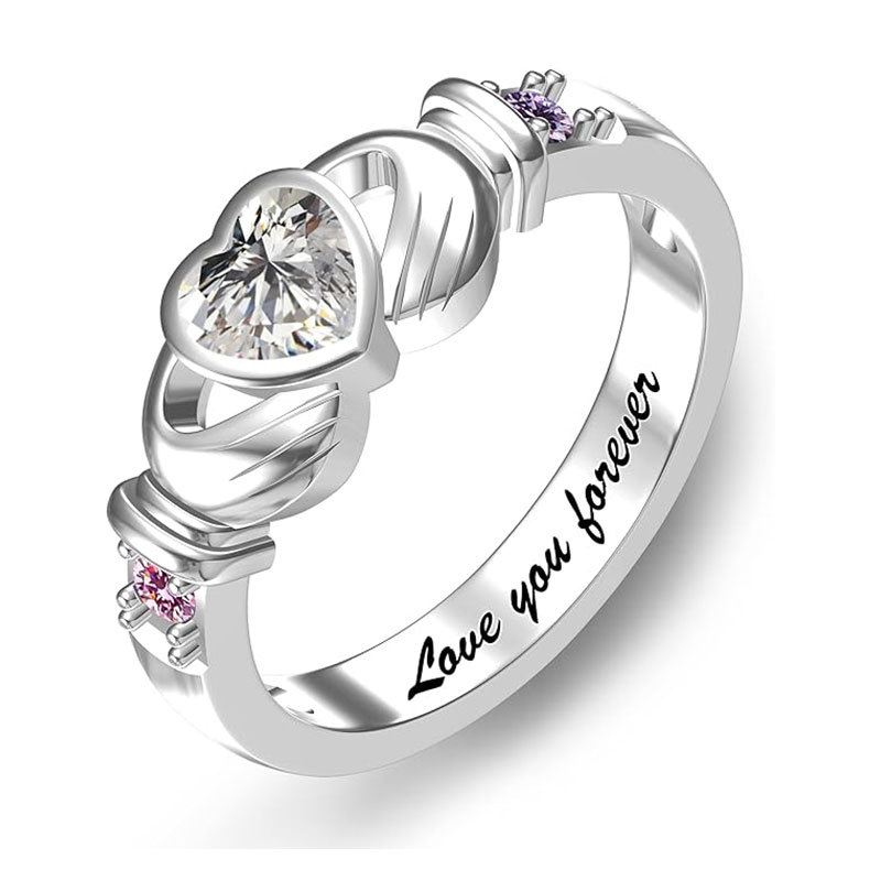 Sotiya Heart Cut Claddagh Ring Custom 12 Birthstone Engraved Name Promise Ring Sterling Silver-Sotiya