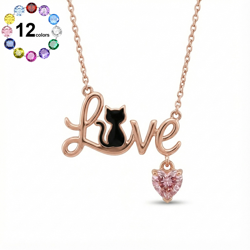 Sotiya 12 Birthstones Love Black Cat Heart Cut Necklace Sterling Silver-Sotiya