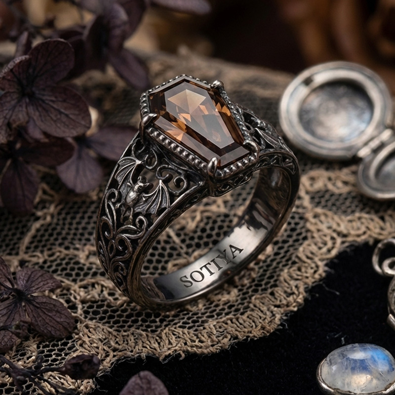 Sotiya Vintage Coffin Cut Coffee Bat Engagement Ring Sterling Silver-Sotiya