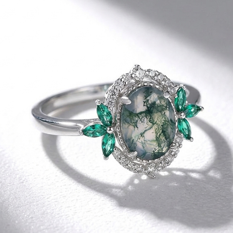 Sotiya Art Deco Moss Agate Oval Cut Engagement Ring Sterling Silver-Sotiya