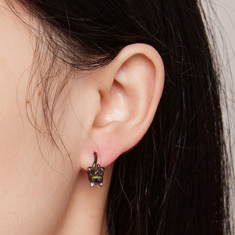 Sotiya Cute Black Cat Hoop Earrings Sterling Silver-Sotiya