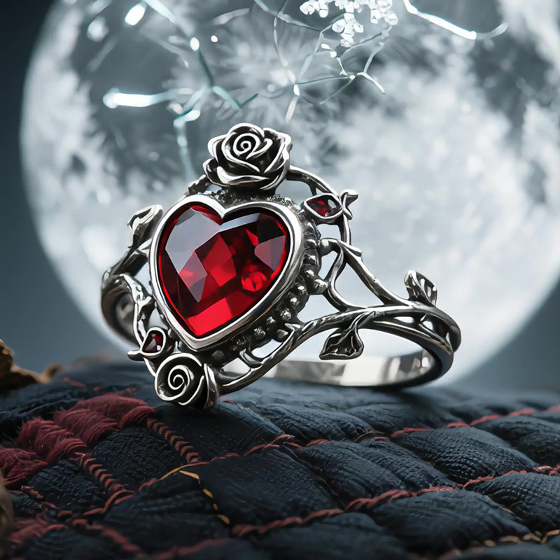 Sotiya Vintage Rose Heart Cut Garnet Skull Inspired Cocktail Ring Sterling Silver-Sotiya
