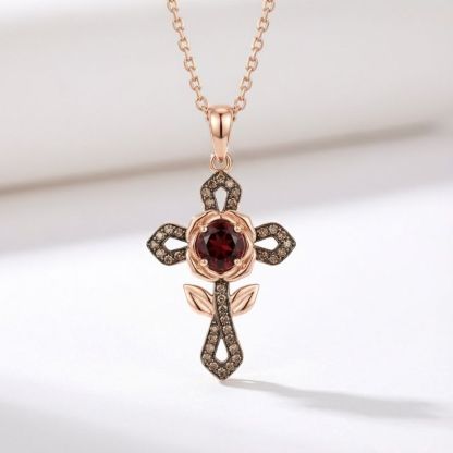 Sotiya Rose Design Faith Cross Coffee Round Cut Necklace Sterling Silver-Sotiya