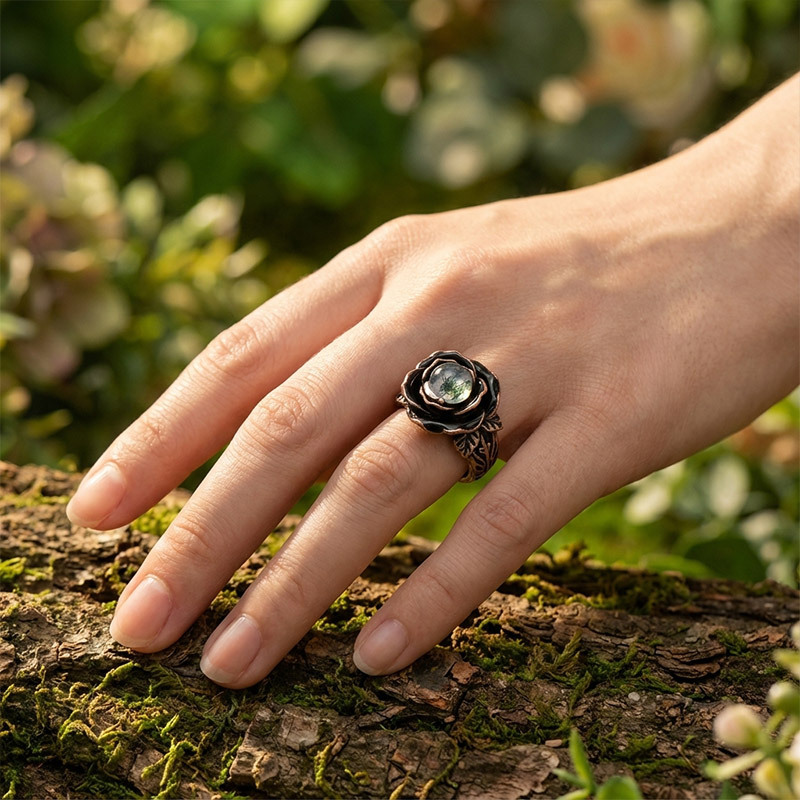 Sotiya Gothic Flower Black Enamel Round Cut Moss Agate Cocktail Ring Sterling Silver-Sotiya