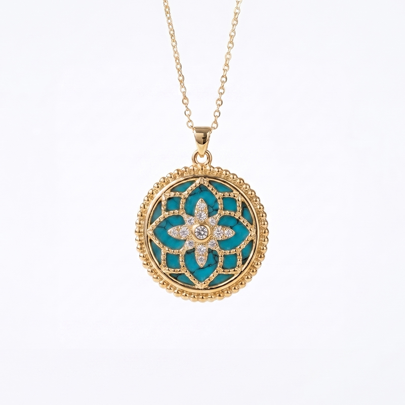 Sotiya Flower Design Turquoise/Mother-of-Pearl/Black Onyx Necklace 18K Gold Plated
