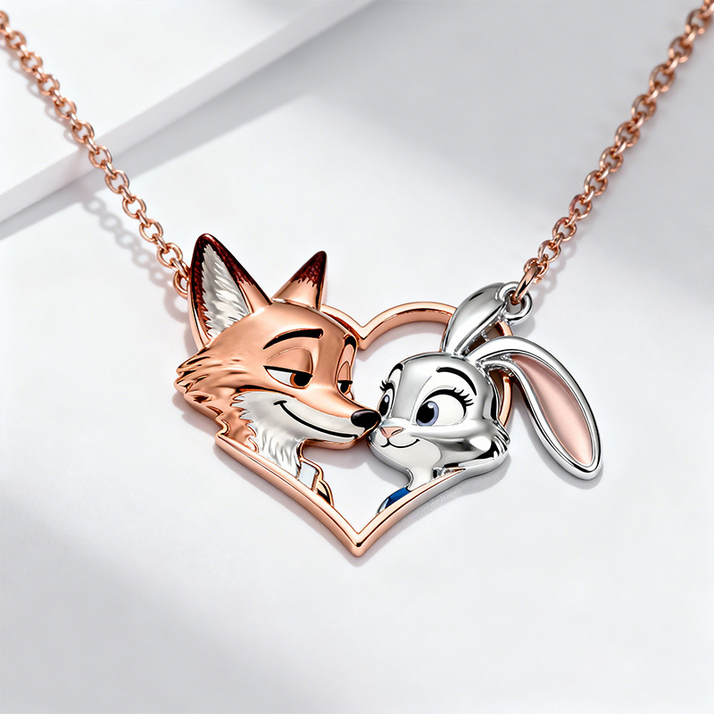 Animal City Bunny and Fox Inspired Couple Heart Necklace-Sotiya