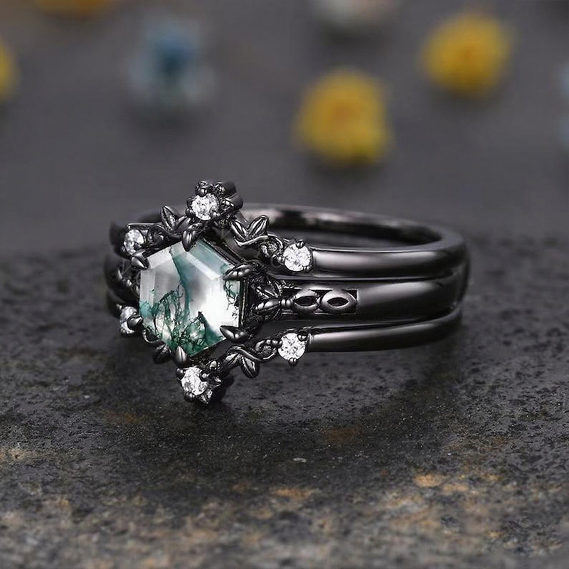 Sotiya Vintage Art Deco Hexagon Cut Green Moss Agate Enhancer Wedding Bridal Ring Set Sterling Silver-Sotiya