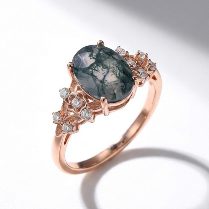 Sotiya Floral Sidestones Moss Agate Oval Cut Engagement Ring Sterling Silver-Sotiya