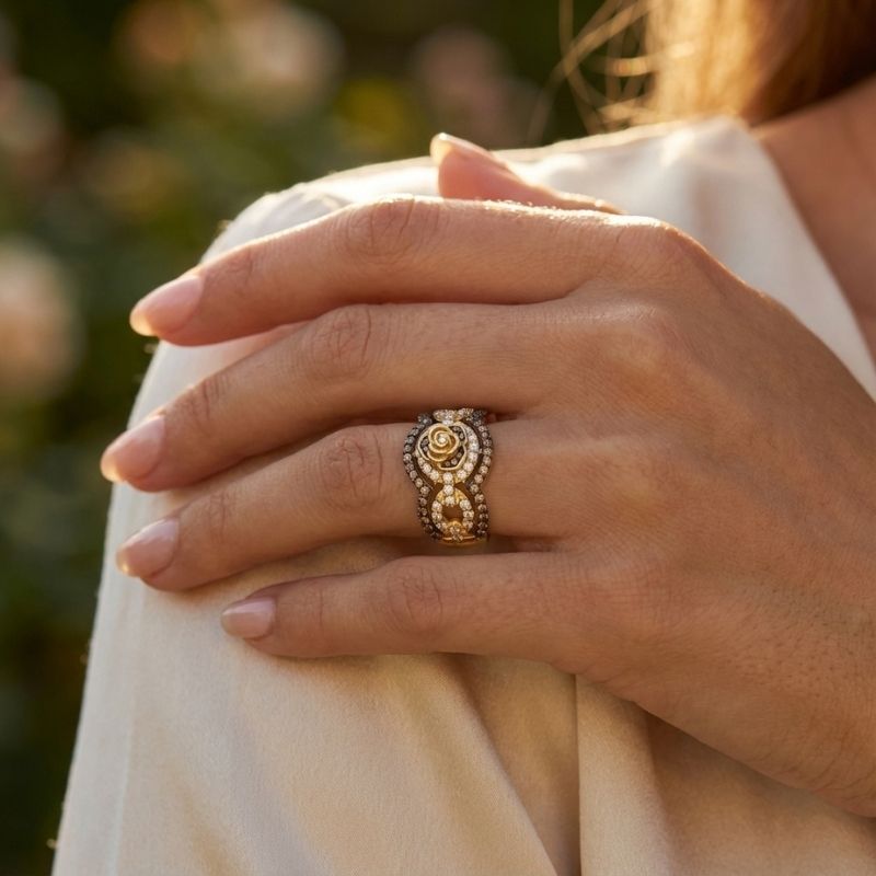 Sotiya Wide Rose Design Coffee Women's Wedding Ring Sterling Silver-Sotiya