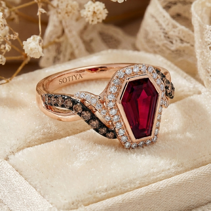 Sotiya Two Tone Twist Shank Halo Coffin Cut Coffee Engagement Ring Sterling Silver-Sotiya