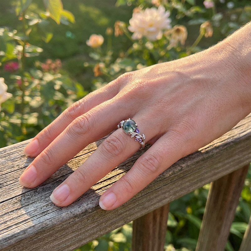 Sotiya Nature Inspired Leaf Round Cut Moss Agate Engagement Ring Sterling Silver-Sotiya