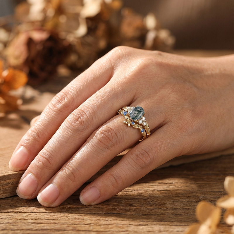 Sotiya Leaf Cluster Moss Agate Oval Cut Wedding Bridal Ring Set Sterling Silver-Sotiya