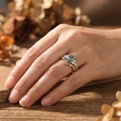 Sotiya Leaf Cluster Moss Agate Oval Cut Wedding Bridal Ring Set Sterling Silver-Sotiya