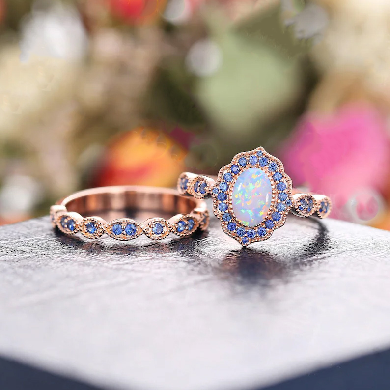Sotiya Vintage Halo Oval Cut Opal Wedding Bridal Ring Set Sterling Silver-Sotiya