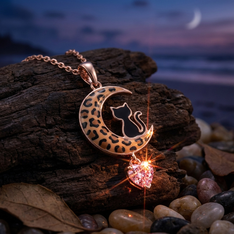 Sotiya Black Cat on Leopard Print Moon Pink Heart Pendant Necklace Sterling Silver-Sotiya
