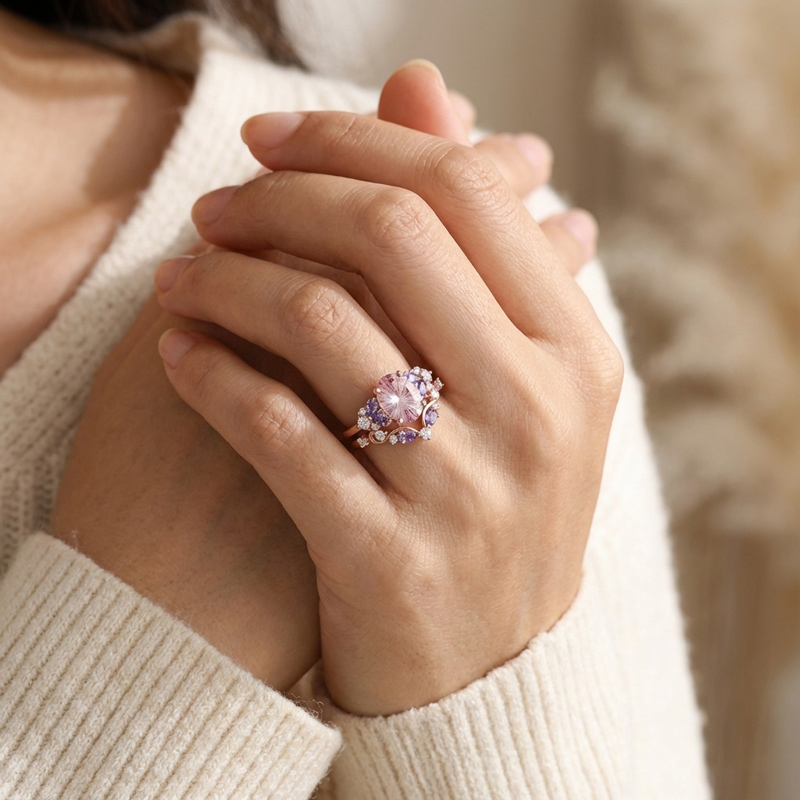 Sotiya Sidestones Cluster Pink Oval Fantasy Starbrite Cut Wedding Bridal Ring Set Sterling Silver-Sotiya