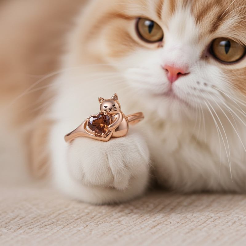 Sotiya Grumpy Cat Embraces Love Heart Coffee Cocktail Ring-Sotiya